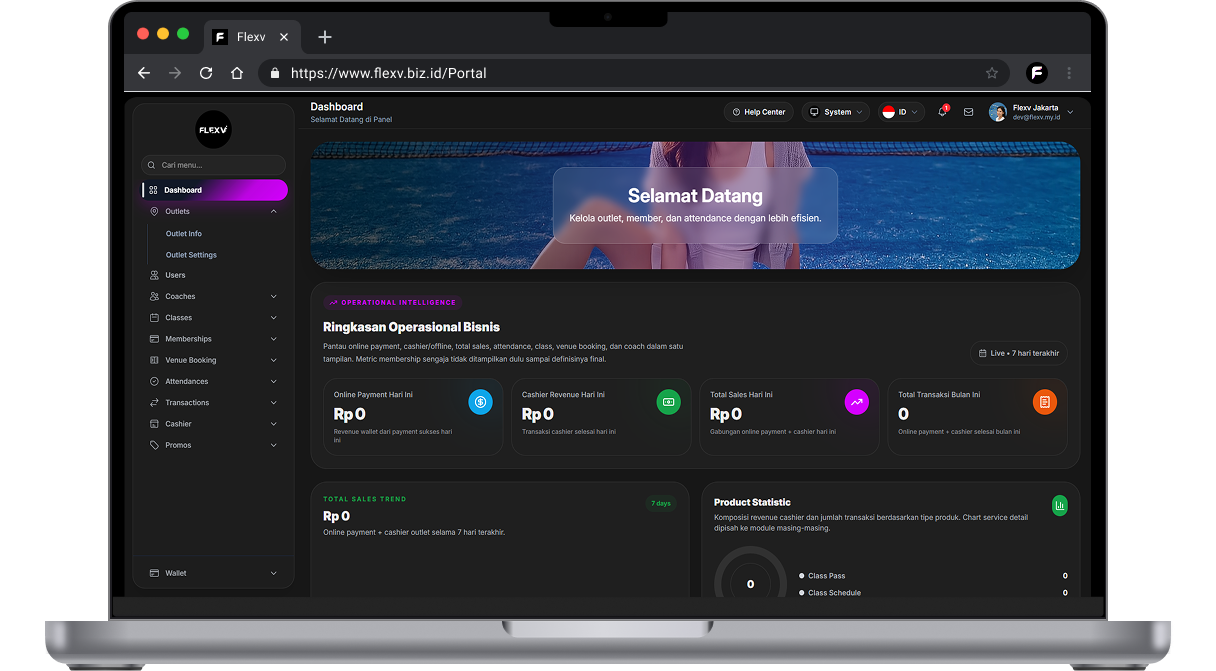 Mockup dasbor FlexV di laptop