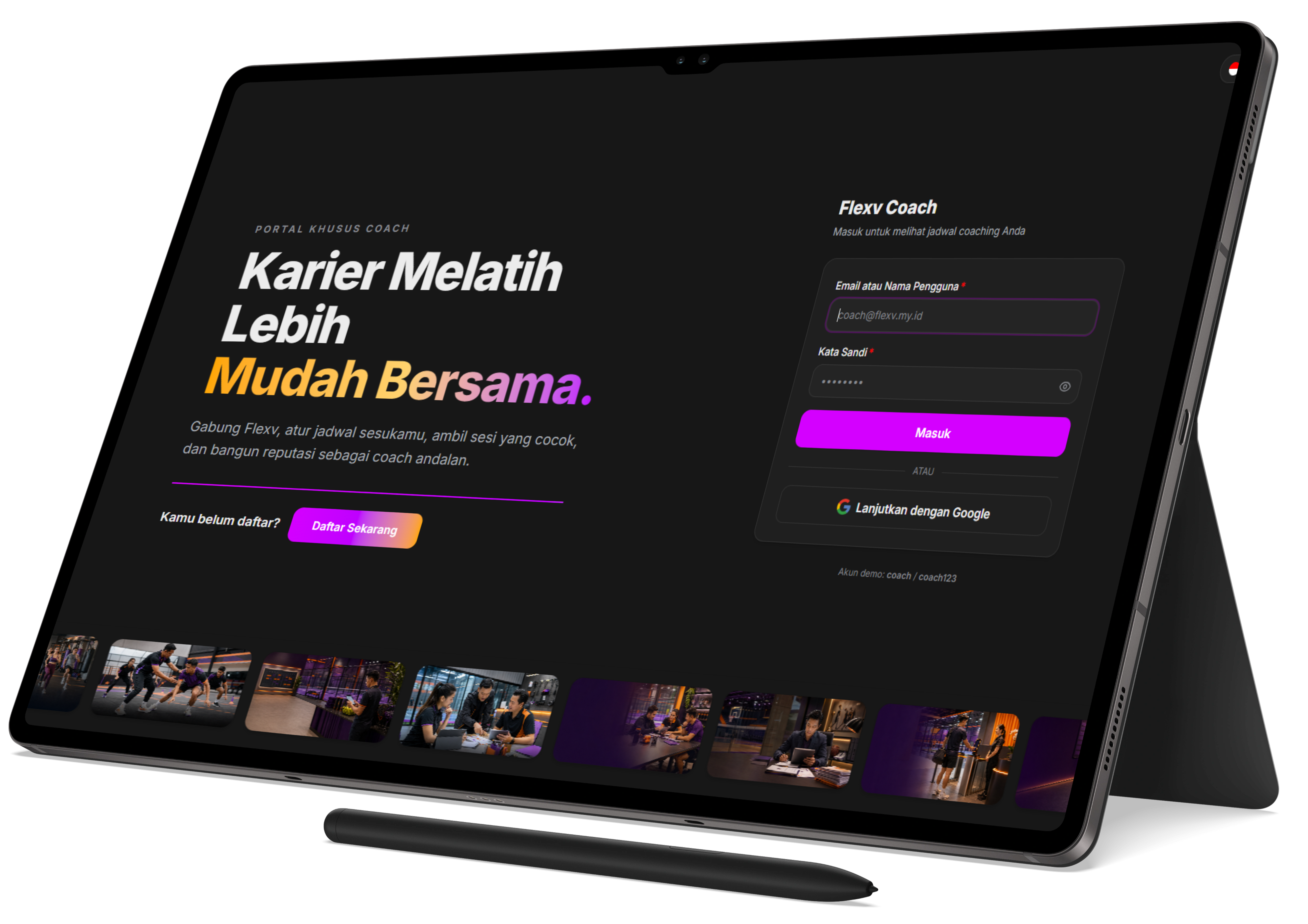 Tampilan login FlexV Coach pada tablet