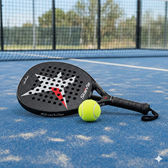 Raket padel dan bola di lapangan padel