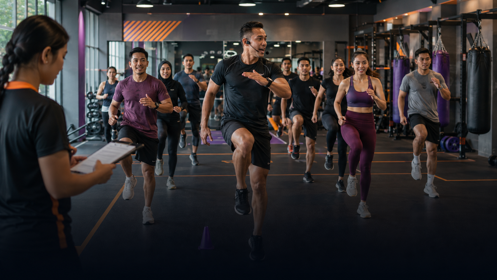 Peserta dan coach dalam kelas olahraga terjadwal