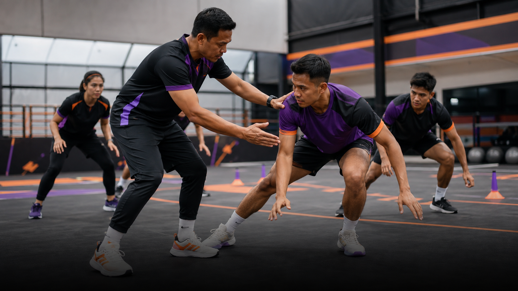 Coach membimbing sesi latihan olahraga