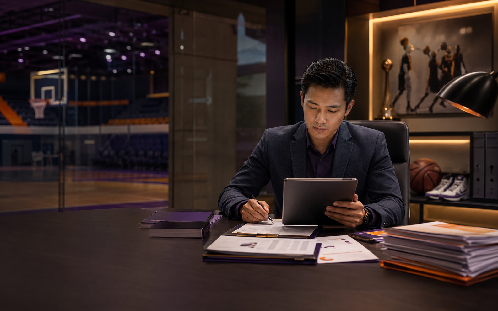 Profesional meninjau data keuangan bisnis olahraga
